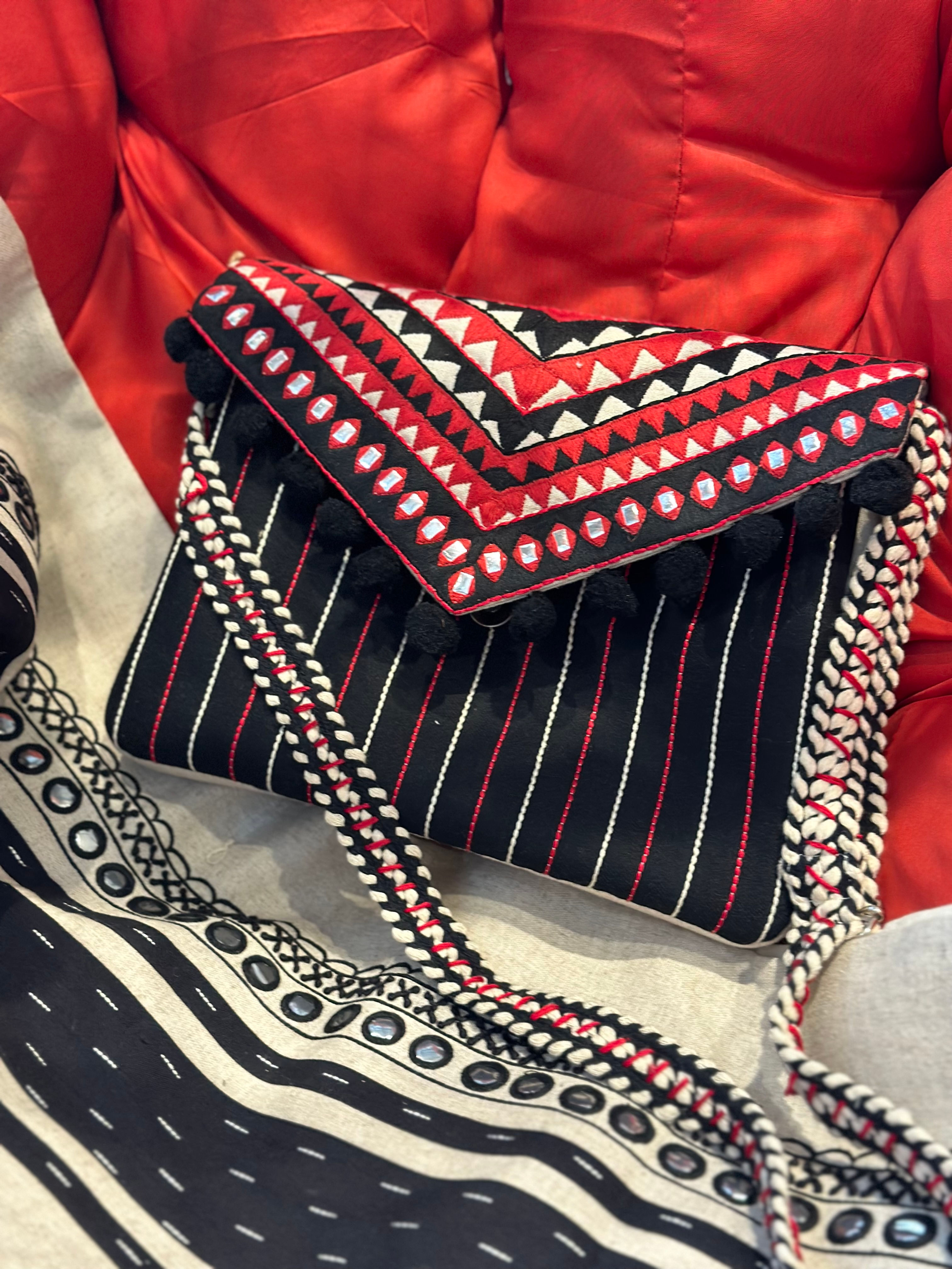 Melange Black & Red Hand embroidered Sling Bag