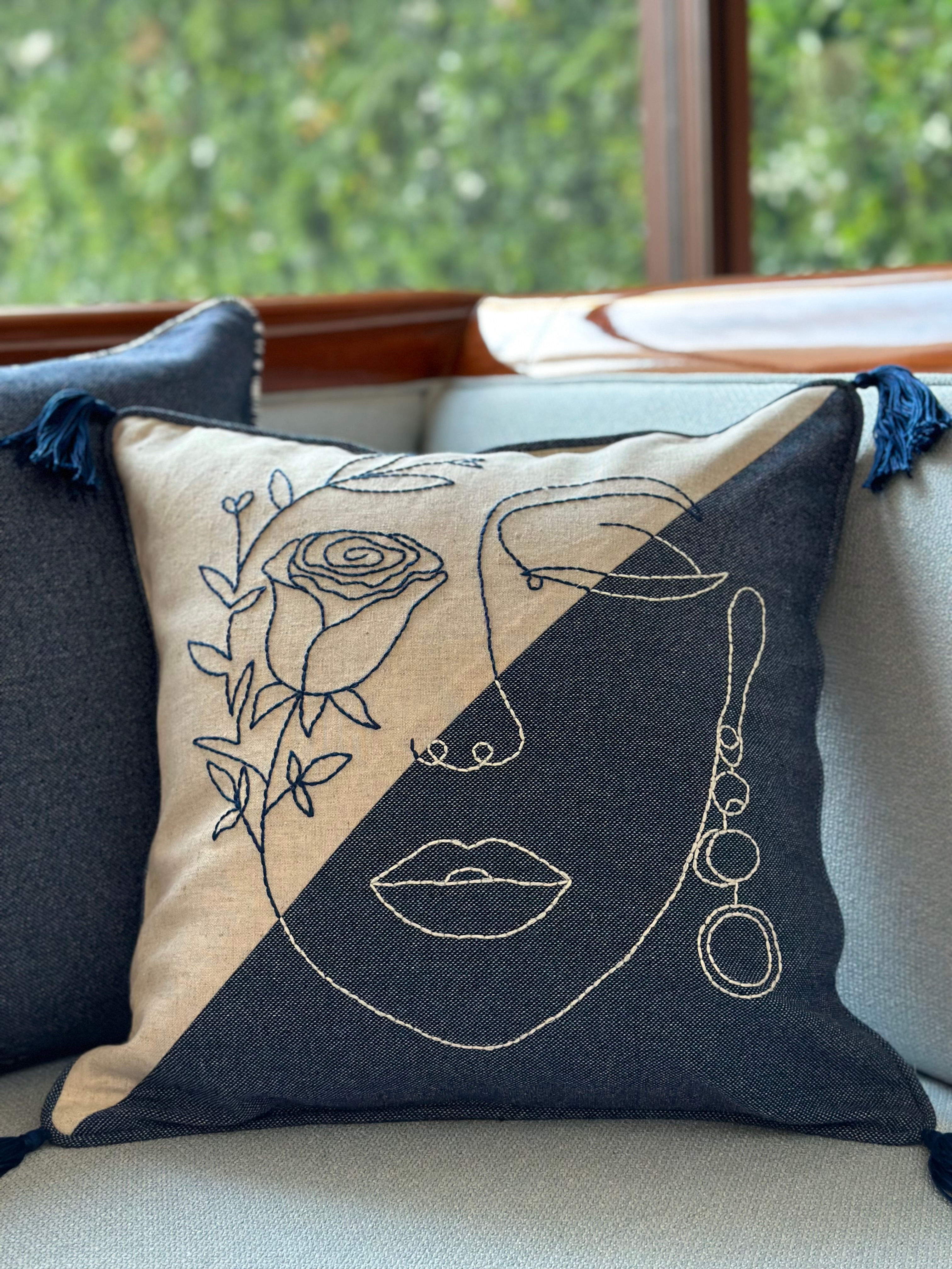 Lined Duotone Peaceful Mind Hand Embroidered Cushion cover