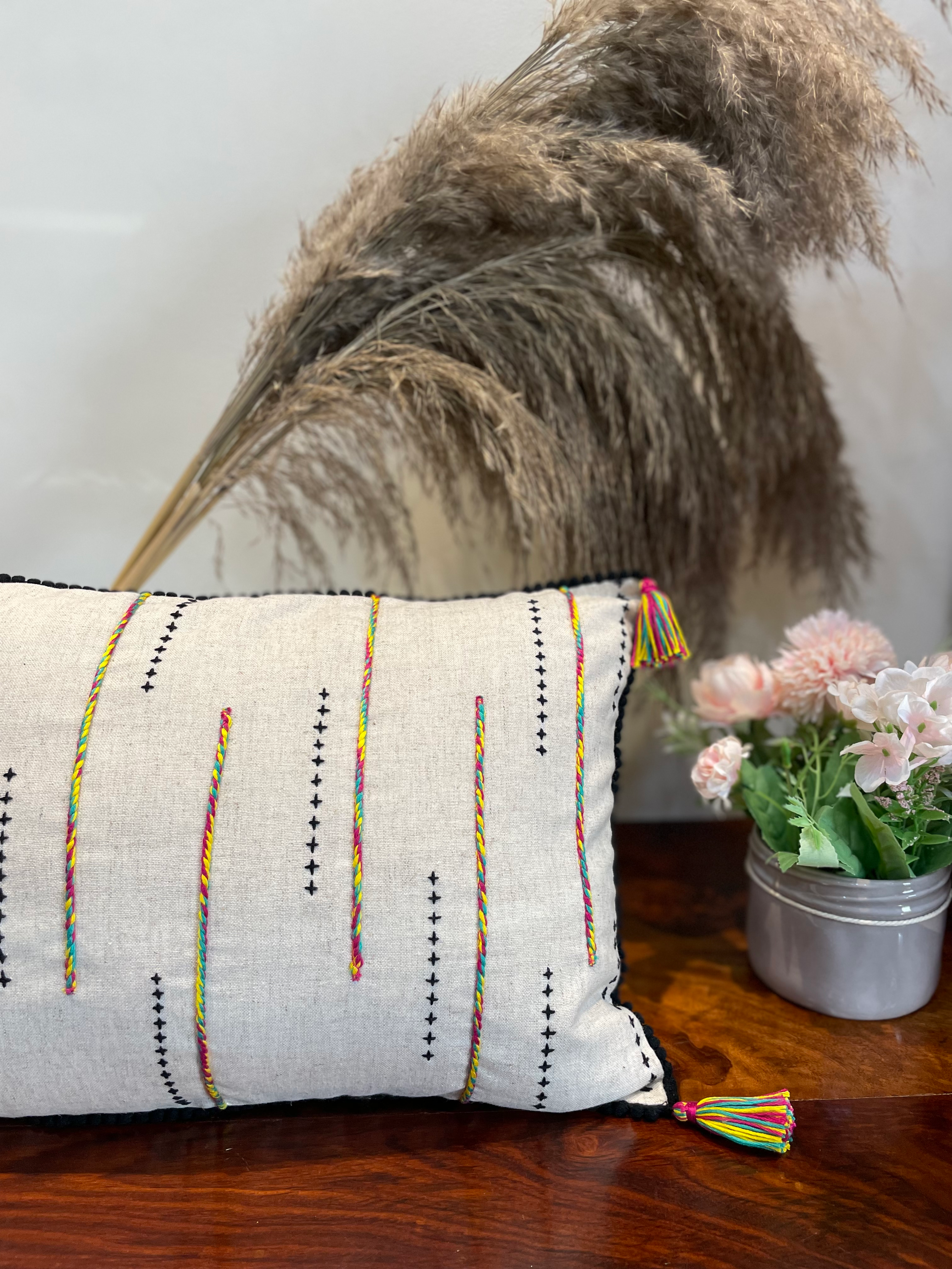 Raw Tasselled Cross Cushion Covers 12x18"