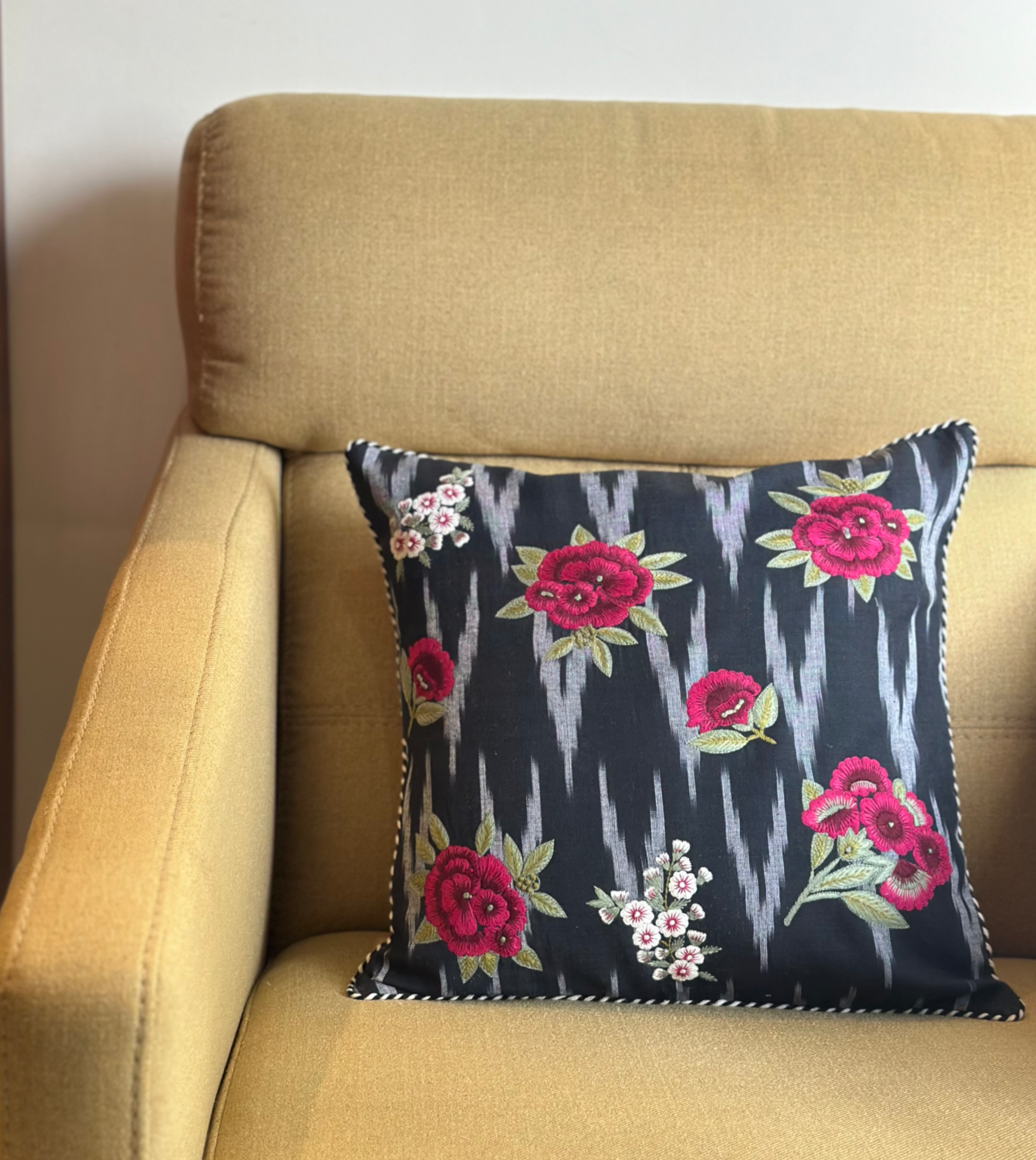 Bloom Ikkat Floral Embroidered Cushion Cover