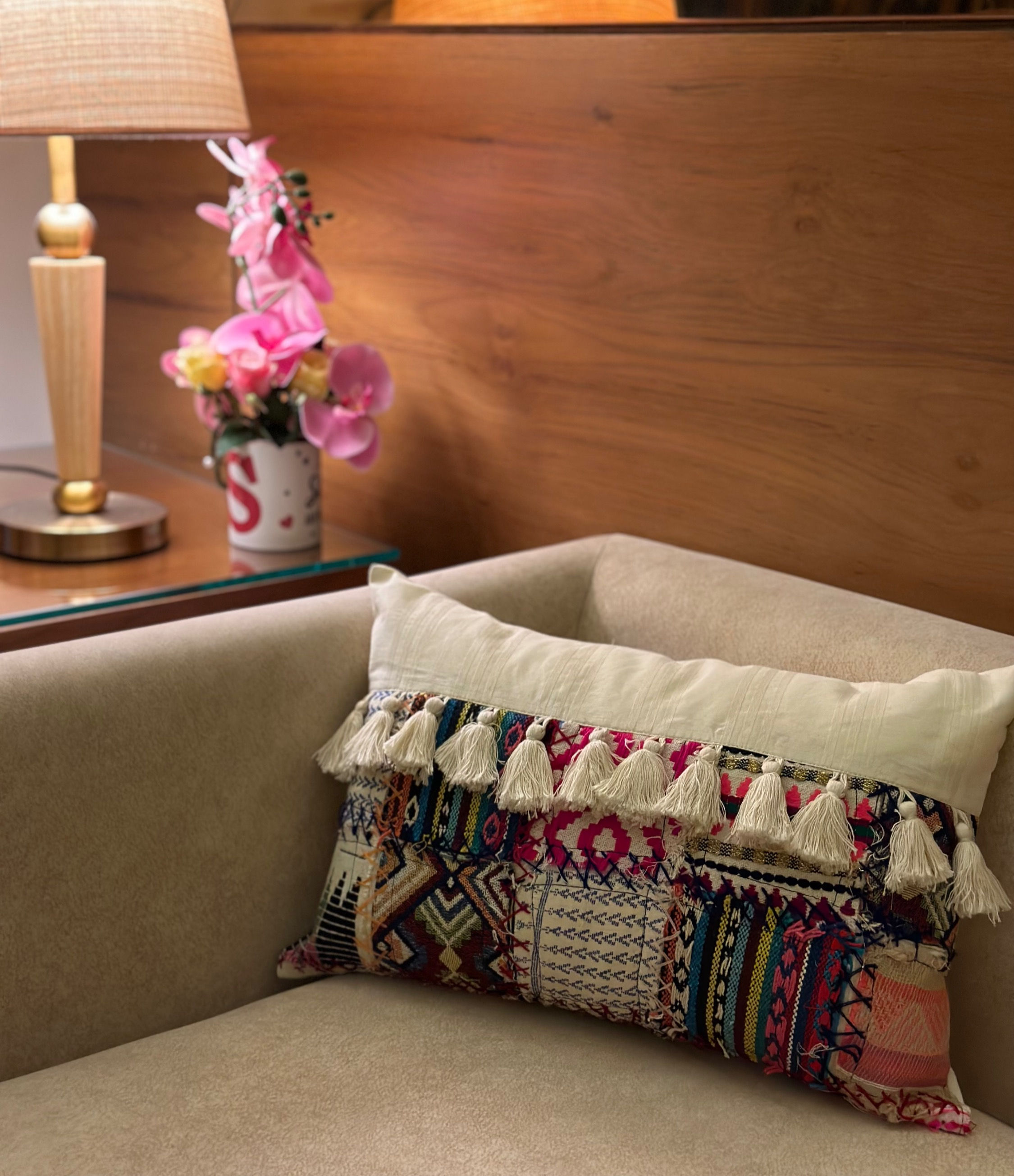 Distressed Box Patchwork Tasselled Cushion Cover