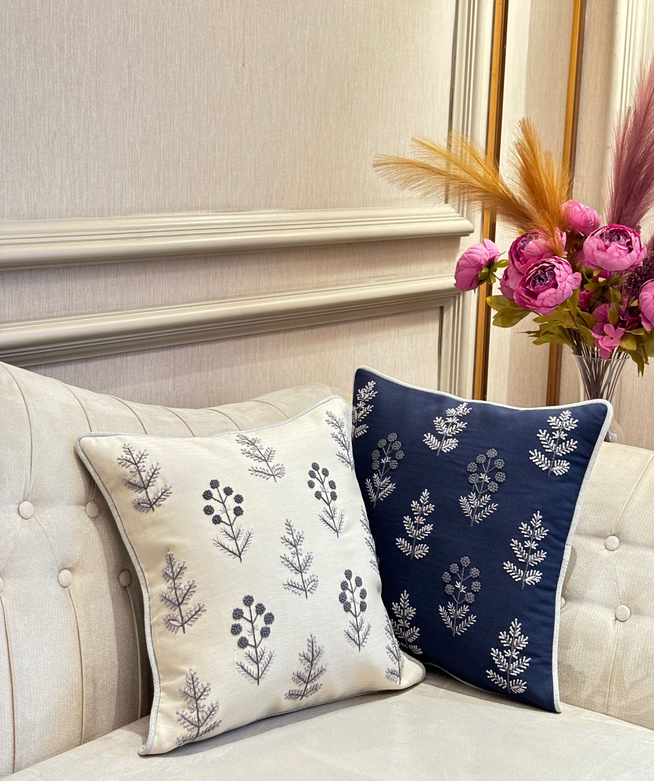 Bloom Navy & Ivory Flora Motif Cushion Cover