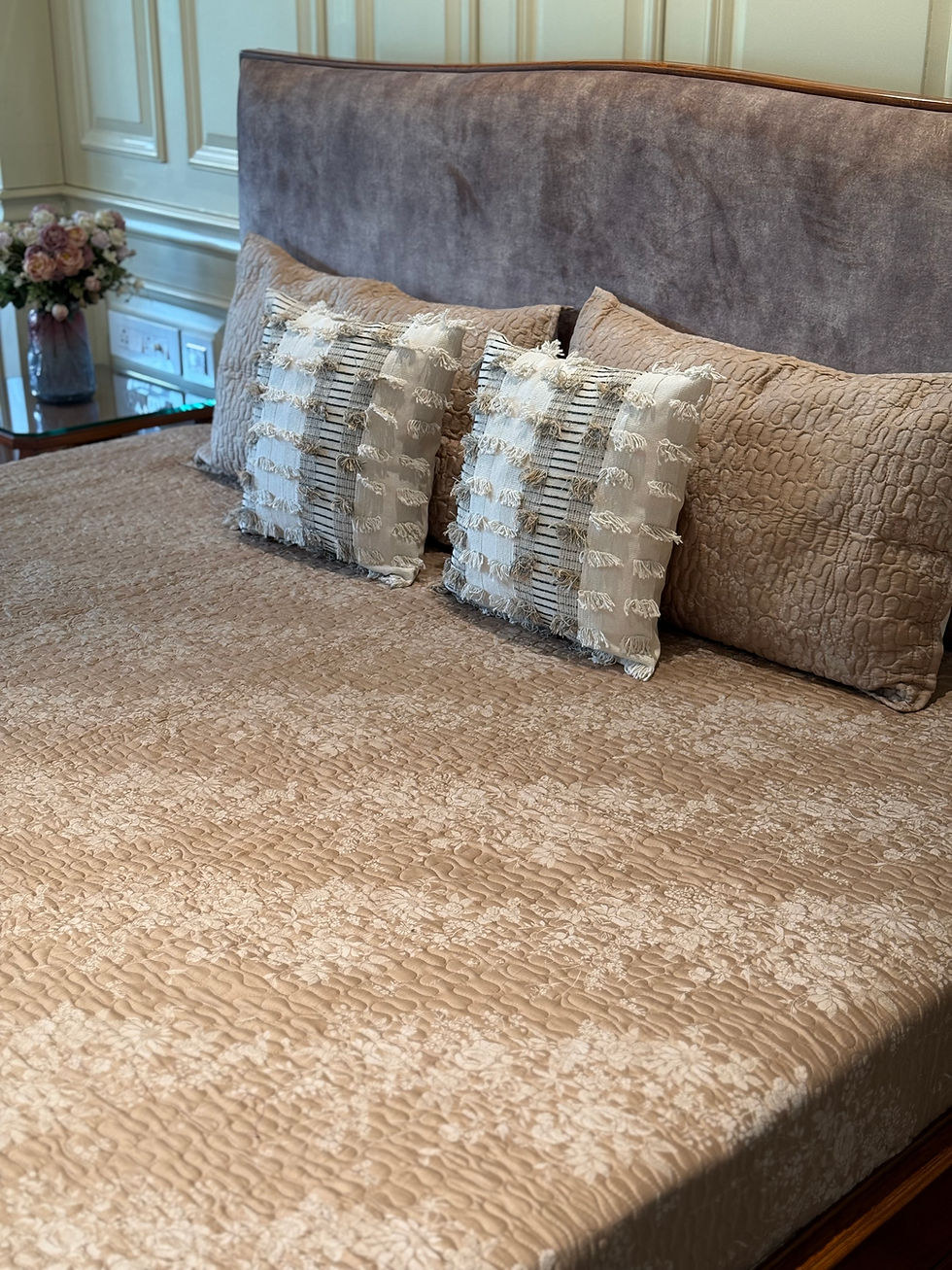 Thumbnail: The Minimalist Tan Flora Quilted Bedcover Set