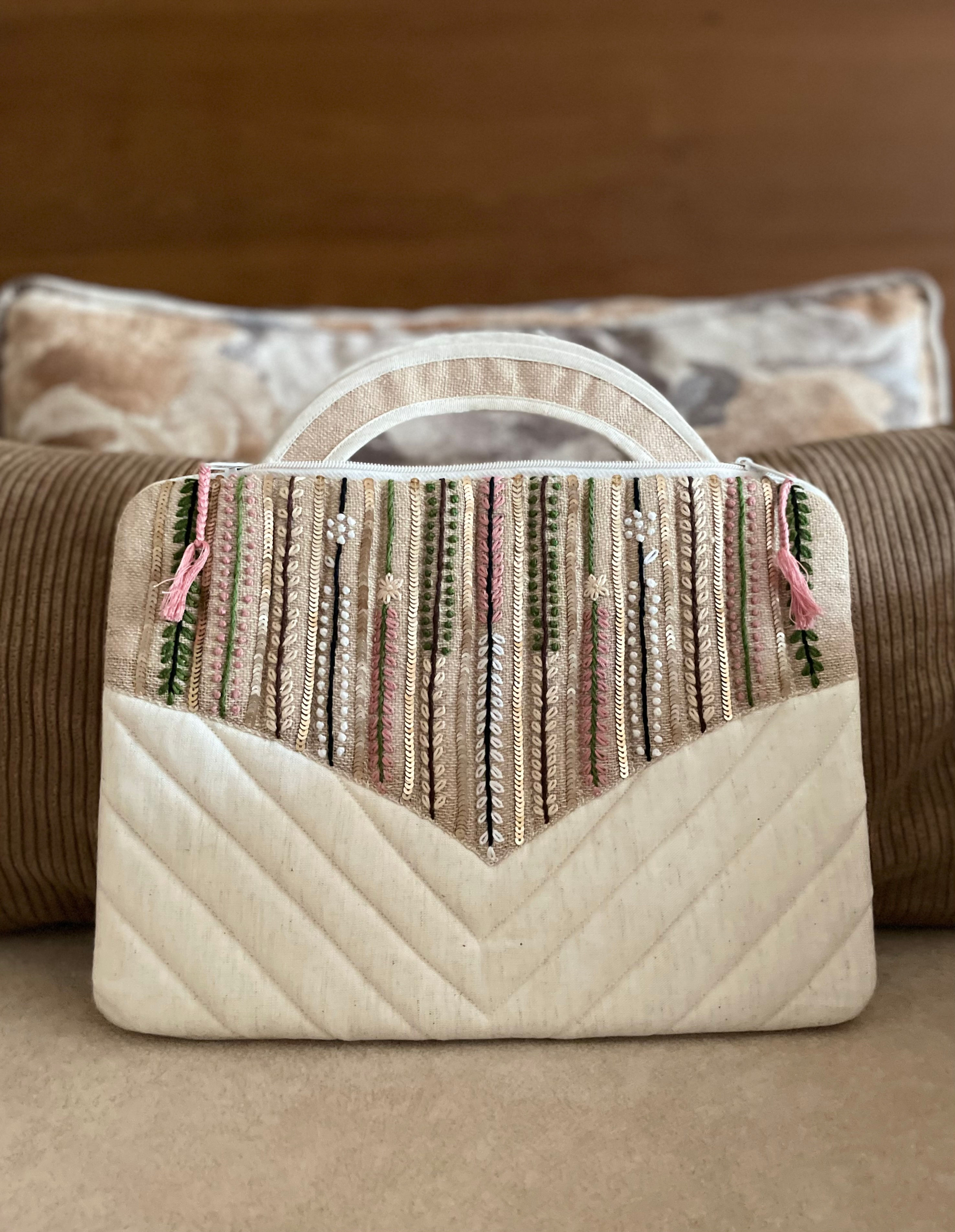 Raw Bloom Hand-Embroidered Quilted Laptop Cover