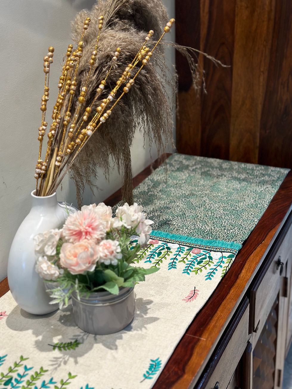 Thumbnail: Bloom Hand embroidered Fringed Table Runner