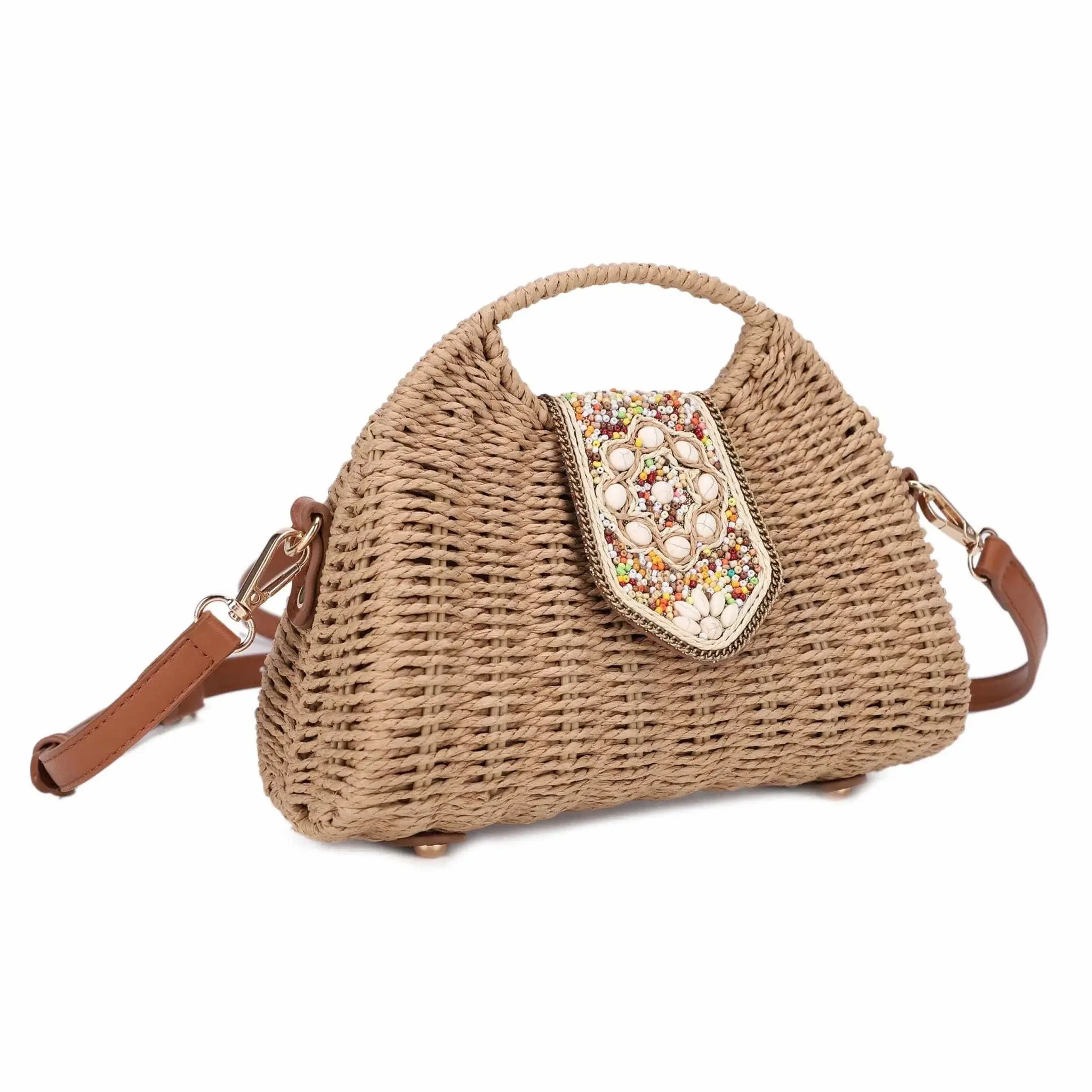 Straw Crossbody Bag With Beaded Buckle