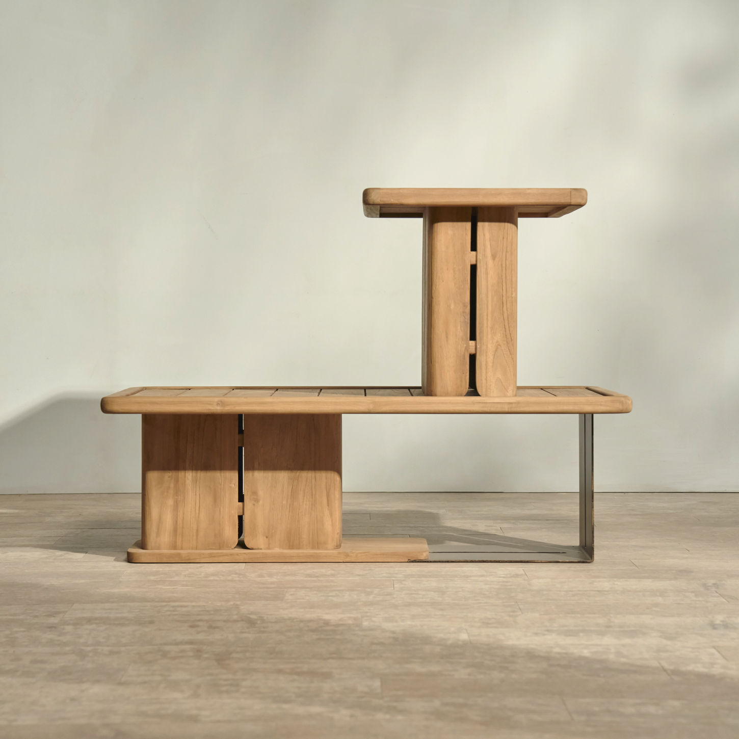 Modern outdoor end table with slatted top and leg