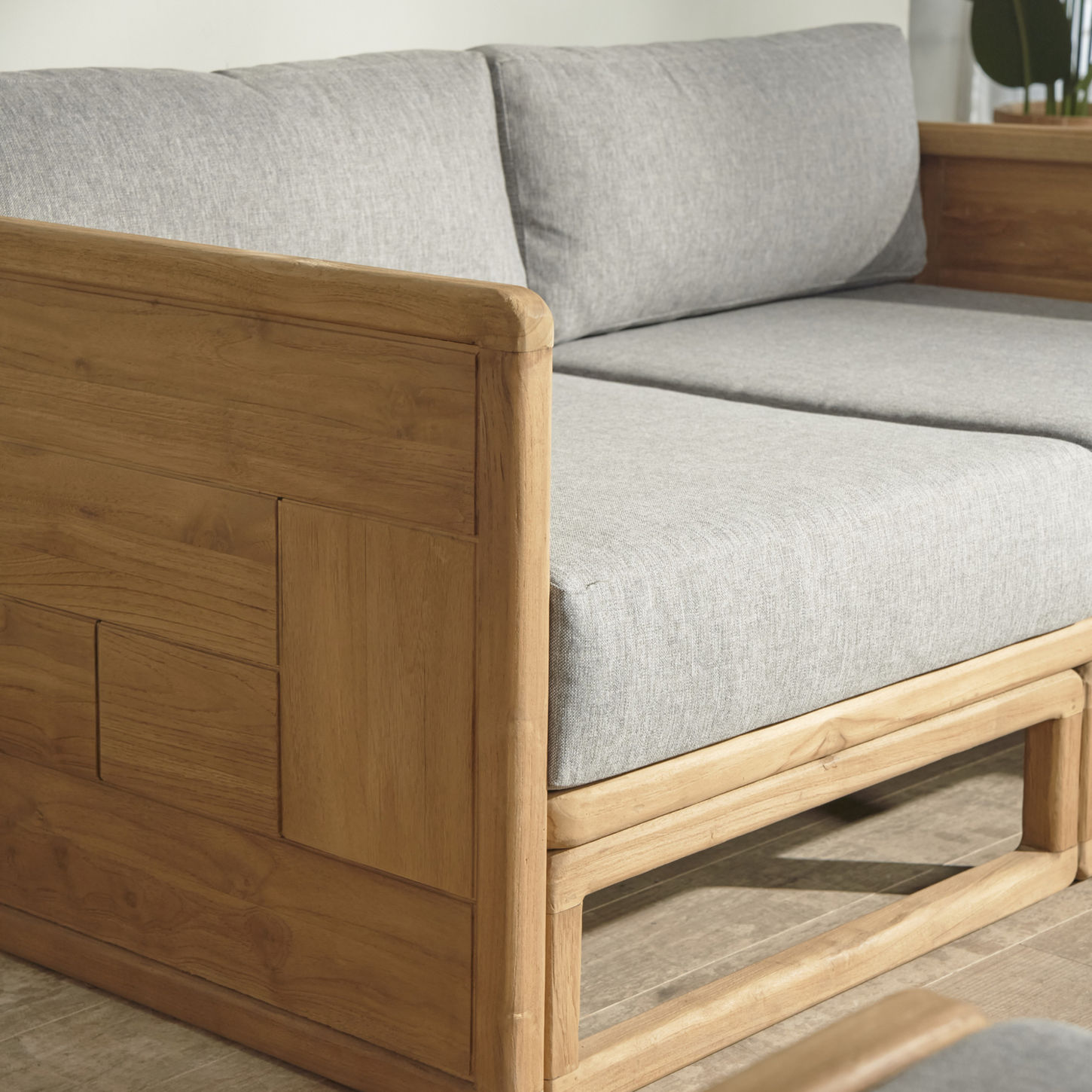 Outdoor sofa 2 seaters with panel detailing, made from reclaimed teakwood