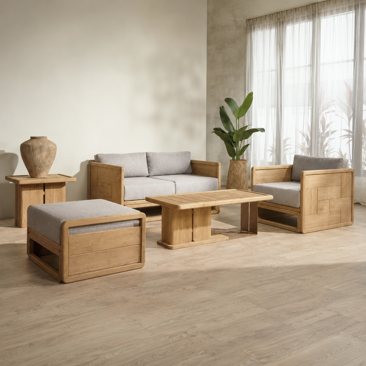 Outdoor and indoor sofa set made from reclaimed teakwood