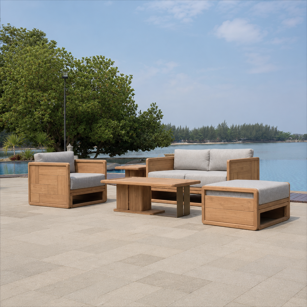 Modern outdoor sofa set made from reclaimed teakwood