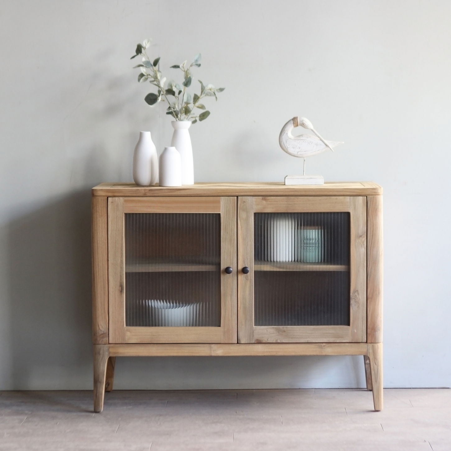 Arch Small Sideboard made from reclaimed teakwood and glass.