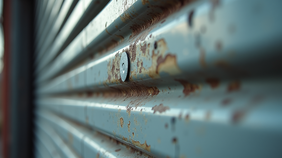 Close-up view of a damaged garage door panel