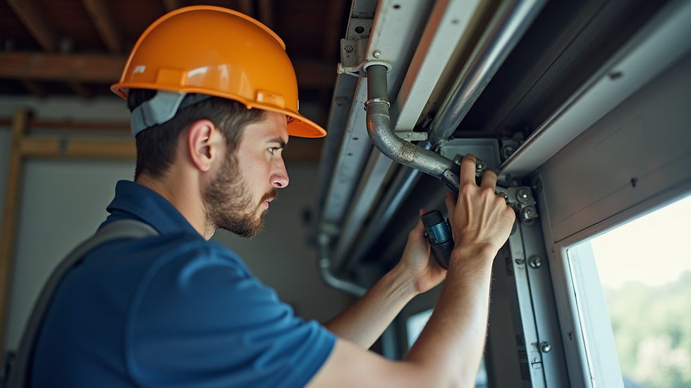 Close-up view of a technician replacing a garage door spring
