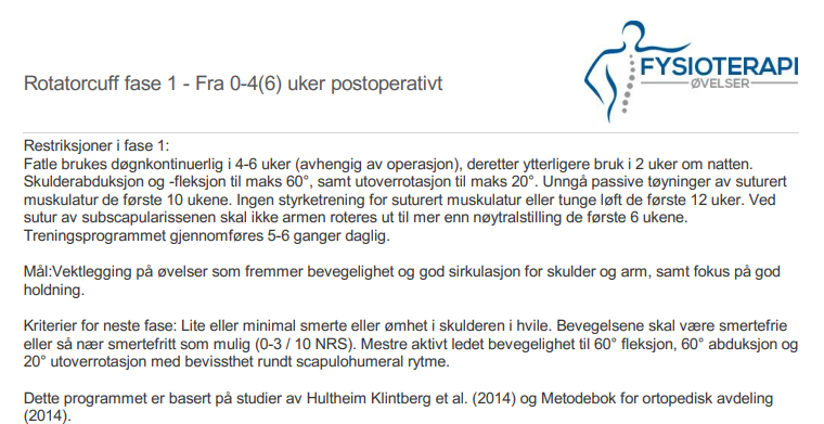 Miniatyrbilde: Rotatorcuff fase 1 - Fra 0-4 (6) uker postoperativt
