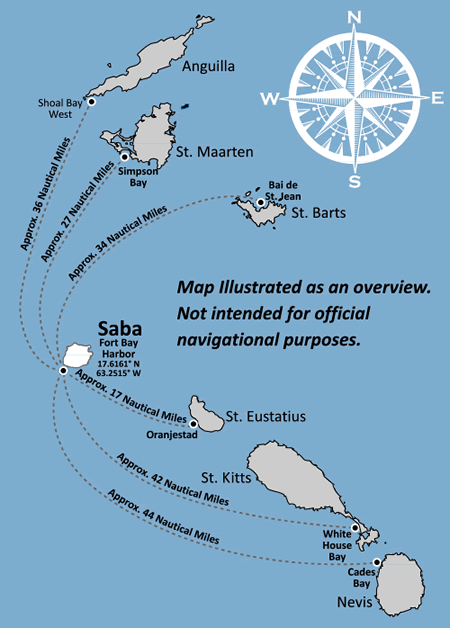 How to get to the Island of Saba fromits surrounding islands - Map designed by malachy multimedia n.v.