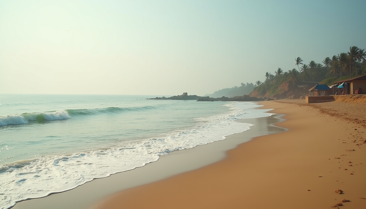 Eye-level view of crescent-shaped beach with calm waves and small beach huts