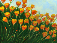 Poppy Waves
Poppy Waves is a fine artwork with with mulitiple orange and yellow poppys in a field of green grass by Cecile Grace Charles.