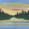 Lakeside Cove, gouache on canvas, 16" by 20' Artwork of a shoreline on a lake at dusk. $320.00