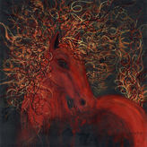 Marefire is an abstract horse artwork in reds, yellows and orange, on pavement black. Cecile Grace Charles Art.