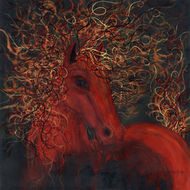 Marefire is an abstract horse artwork in reds, yellows and orange, on pavement black. Cecile Grace Charles Art.