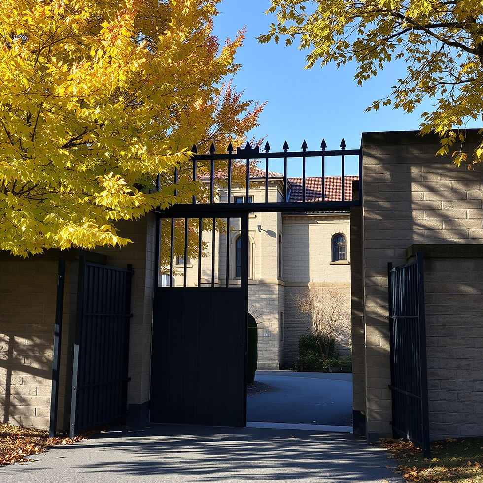 A view of the main entrance to a prison with a rather contemporary look, on a sunny fall day, with barbed wire and tall fences
