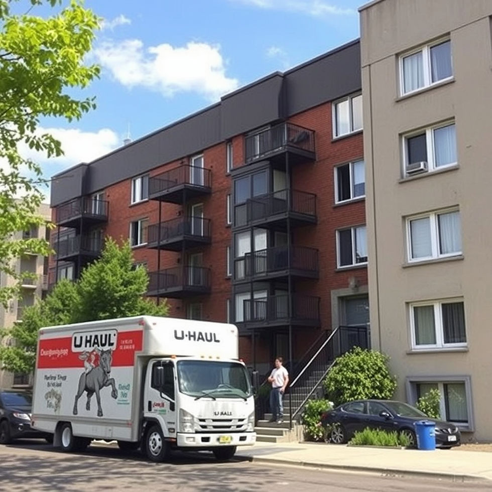 Camion de déménagement U-Haul devant un immeuble à Montréal, homme quittant son logement suite à une reprise de logement accordée par le Tribunal administratif du logement