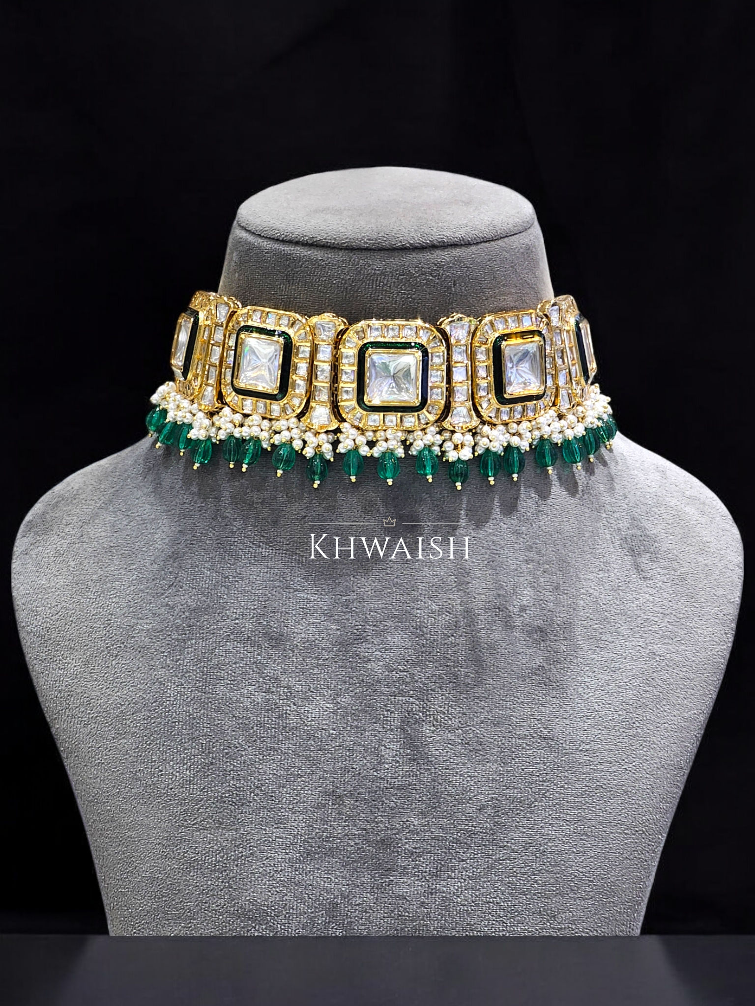 Uncut Kundan Meena Diamond Polki Choker Necklace and Earrings Set with Pearls