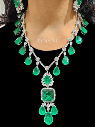 Emerald and Diamond Statement Necklace Set Khwaish Jewellery