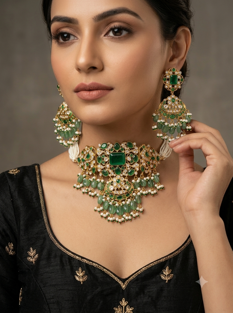 Emerald Jadau Polki Choker Set