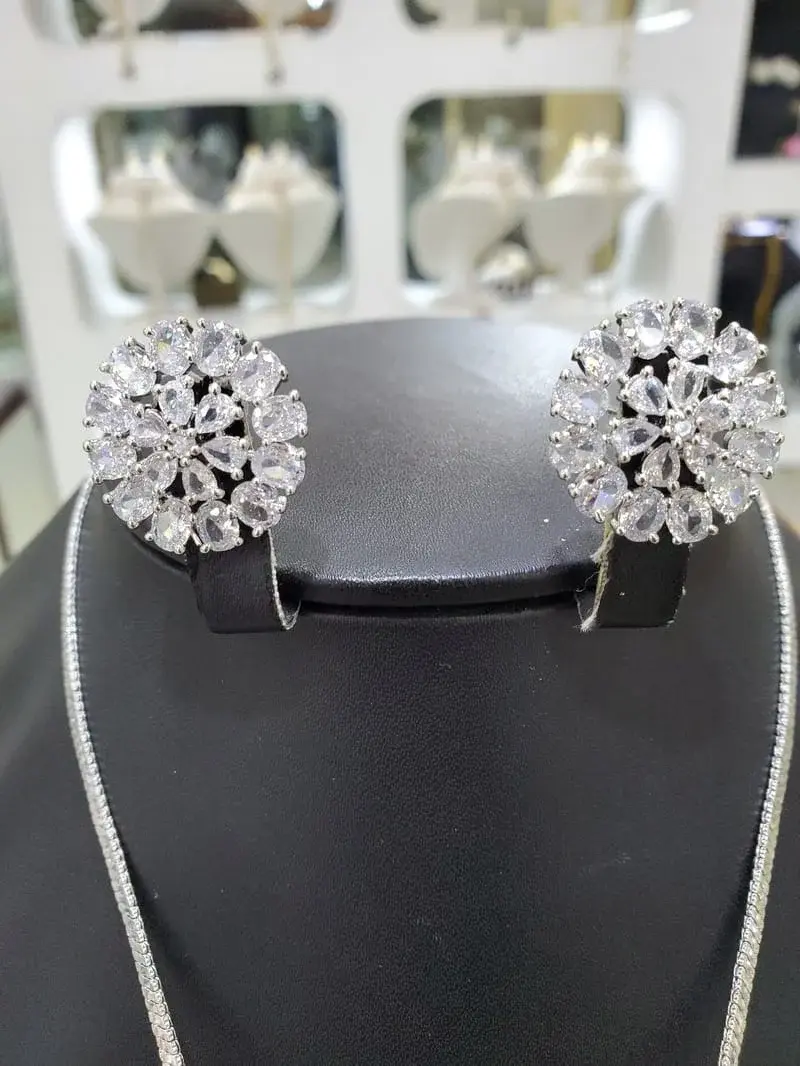 Round Silver Diamond Marquise Cz Earrings Studs