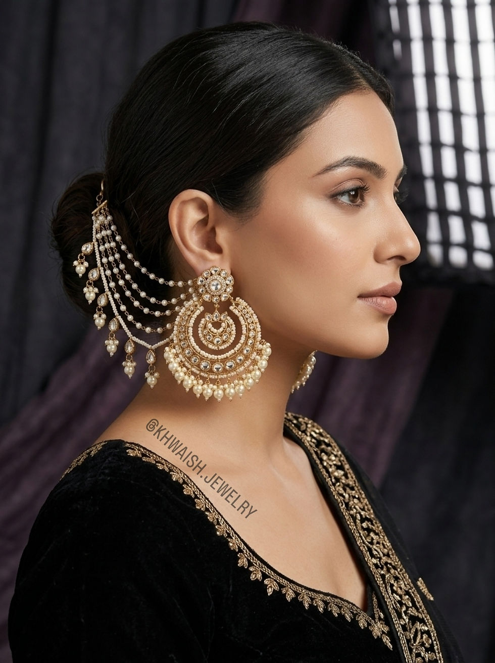 Victorian Polki Chandbali Earrings with Hair Attachment