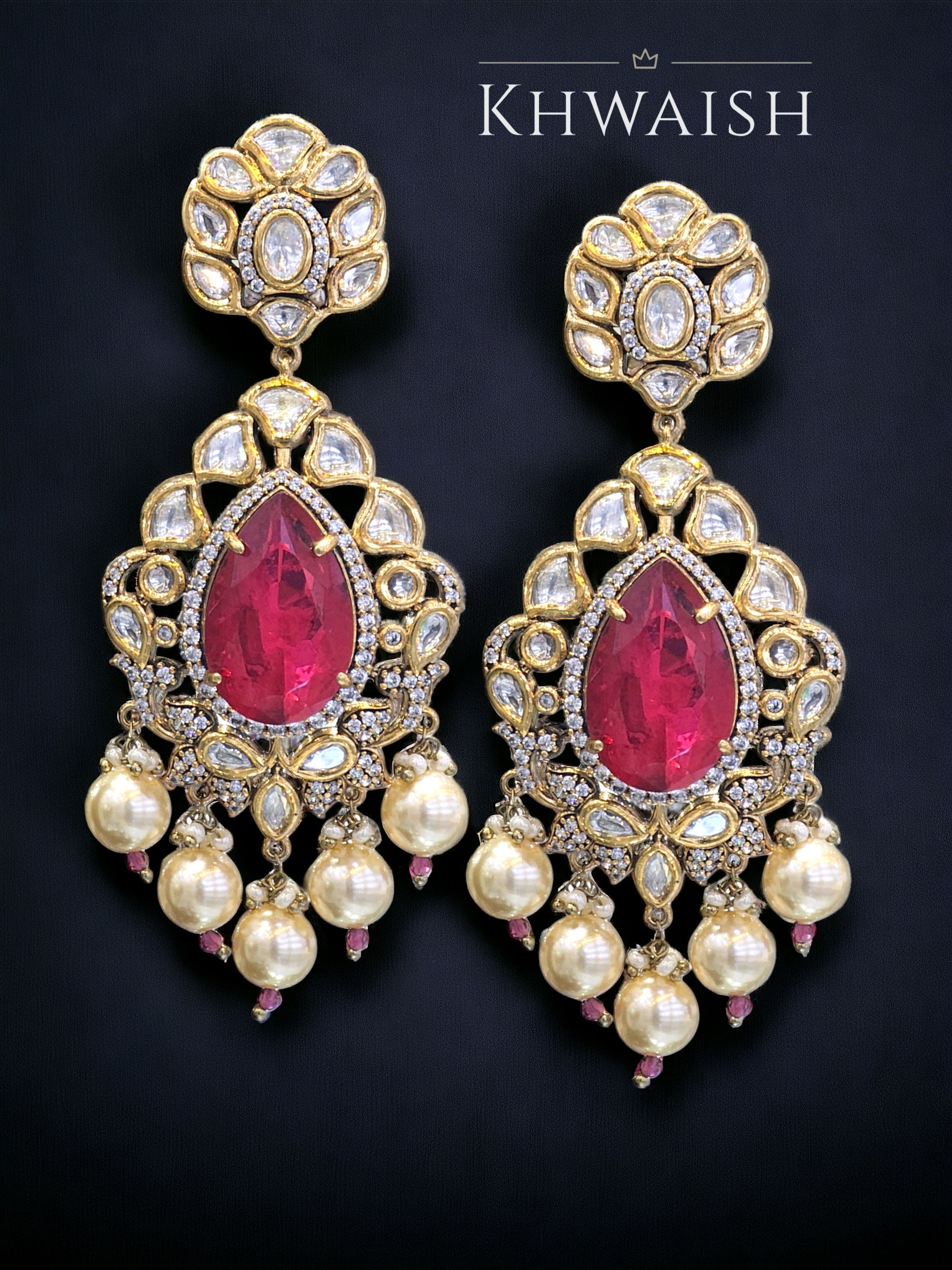 Victorian Kundan Uncut Polki Earrings Ruby