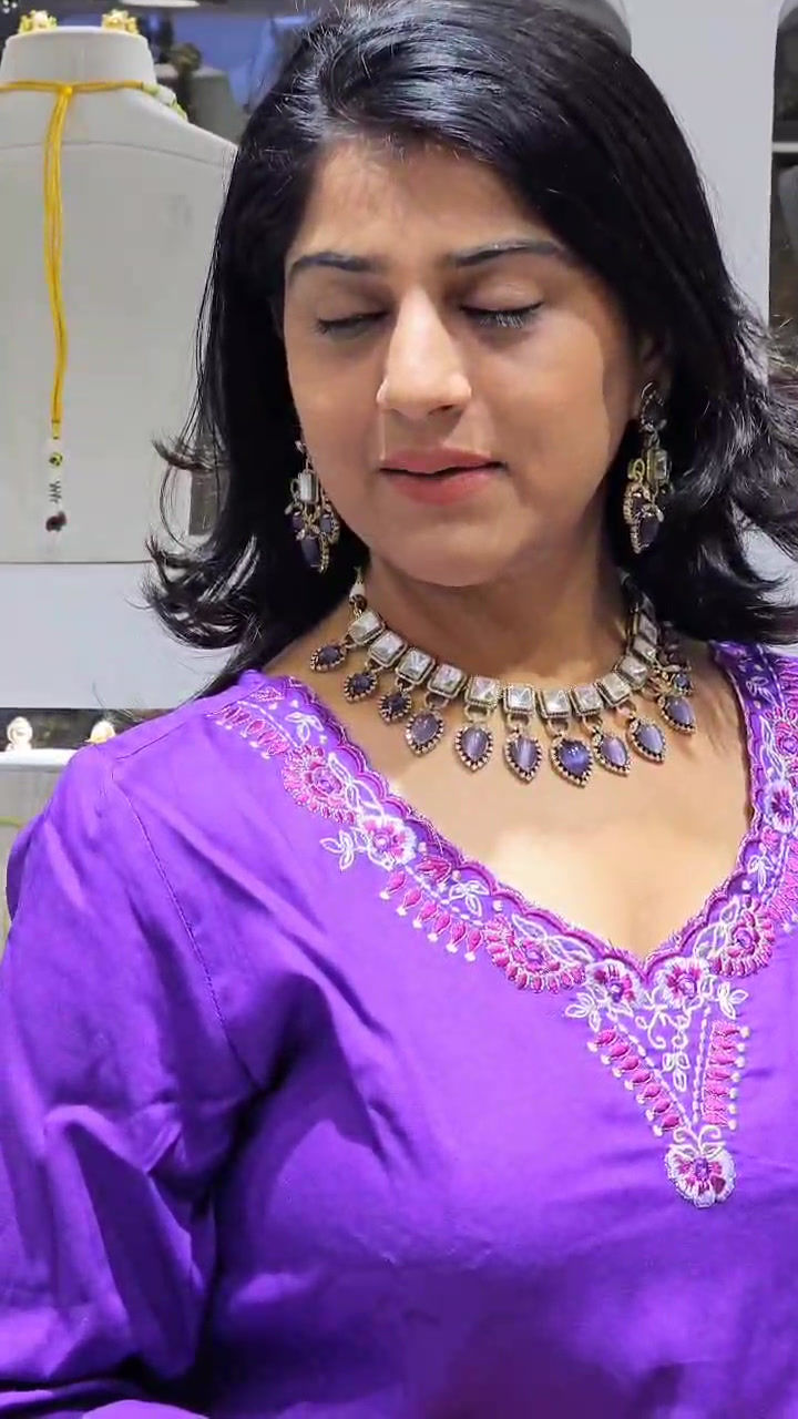 Purple Sapphire Polki Necklace Set