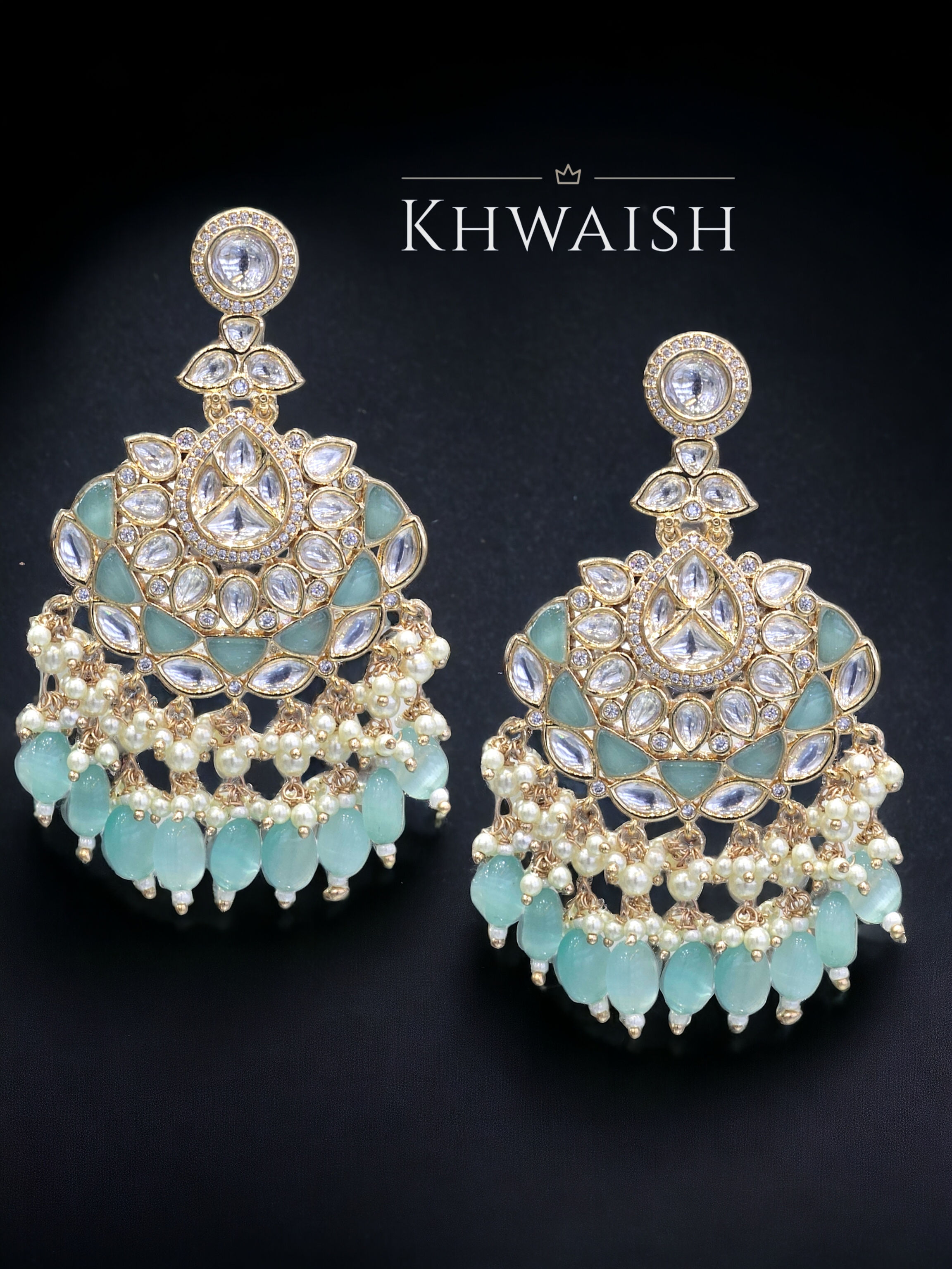 Kundan Polki Jadau Mint Green Chandbali Earrings with Pearls