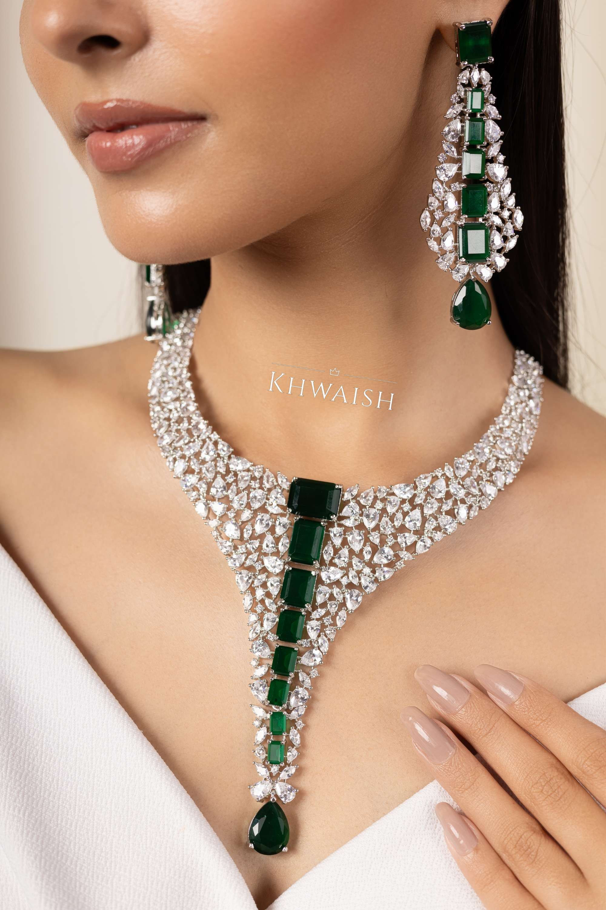 CZ Diamond Necklace Set with Emerald Accents