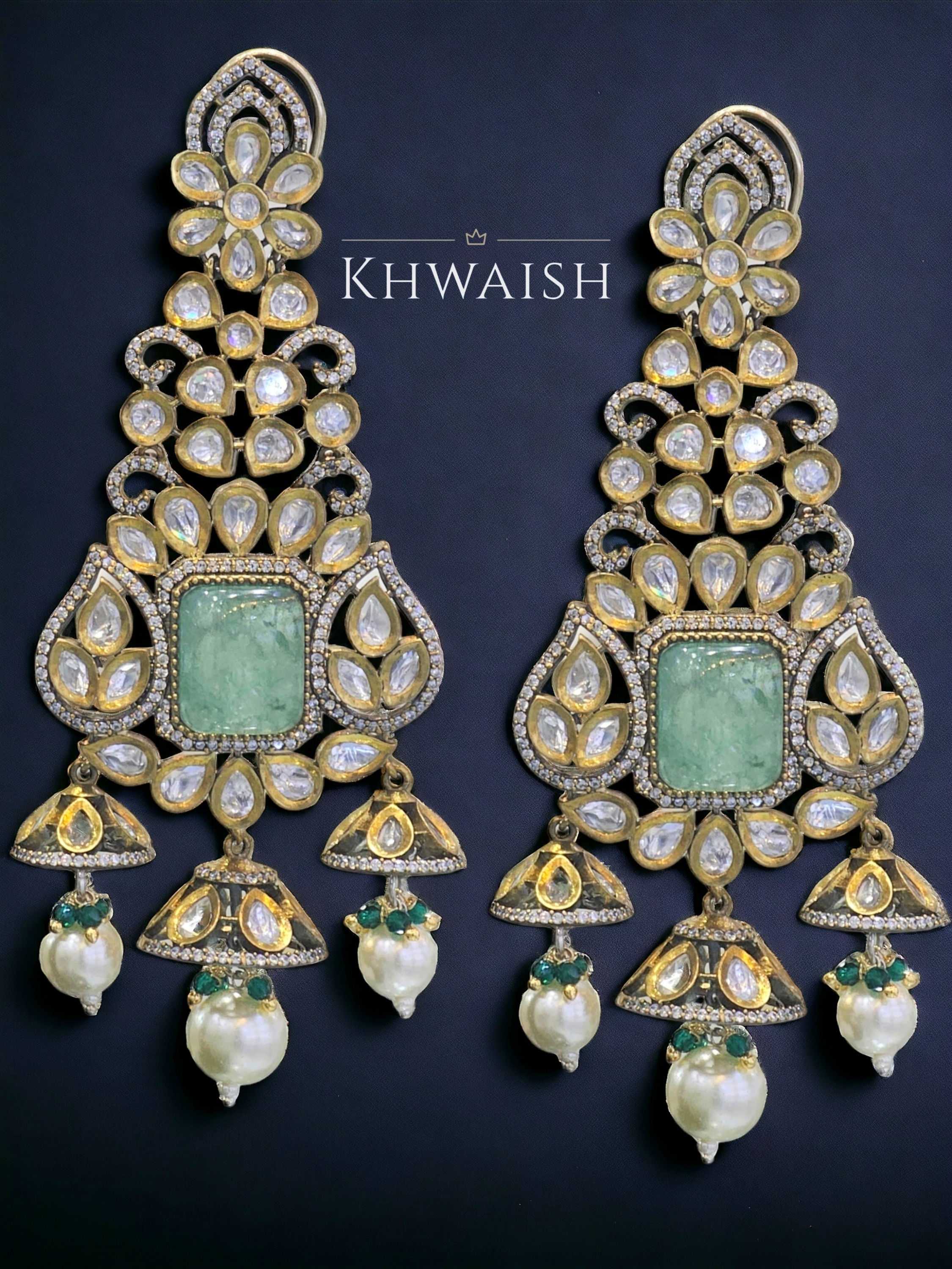 Victorian Mint Green Kundan Uncut Polki Jhumka Earrings