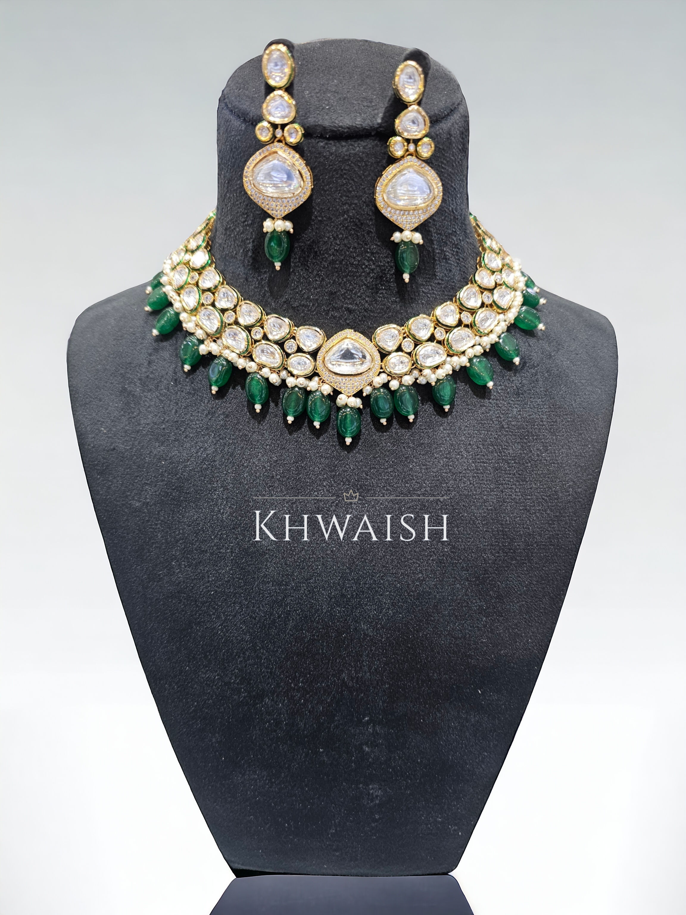Emerald Green Uncut Kundan Diamond Polki Fusion Choker Necklace and Earrings Set
