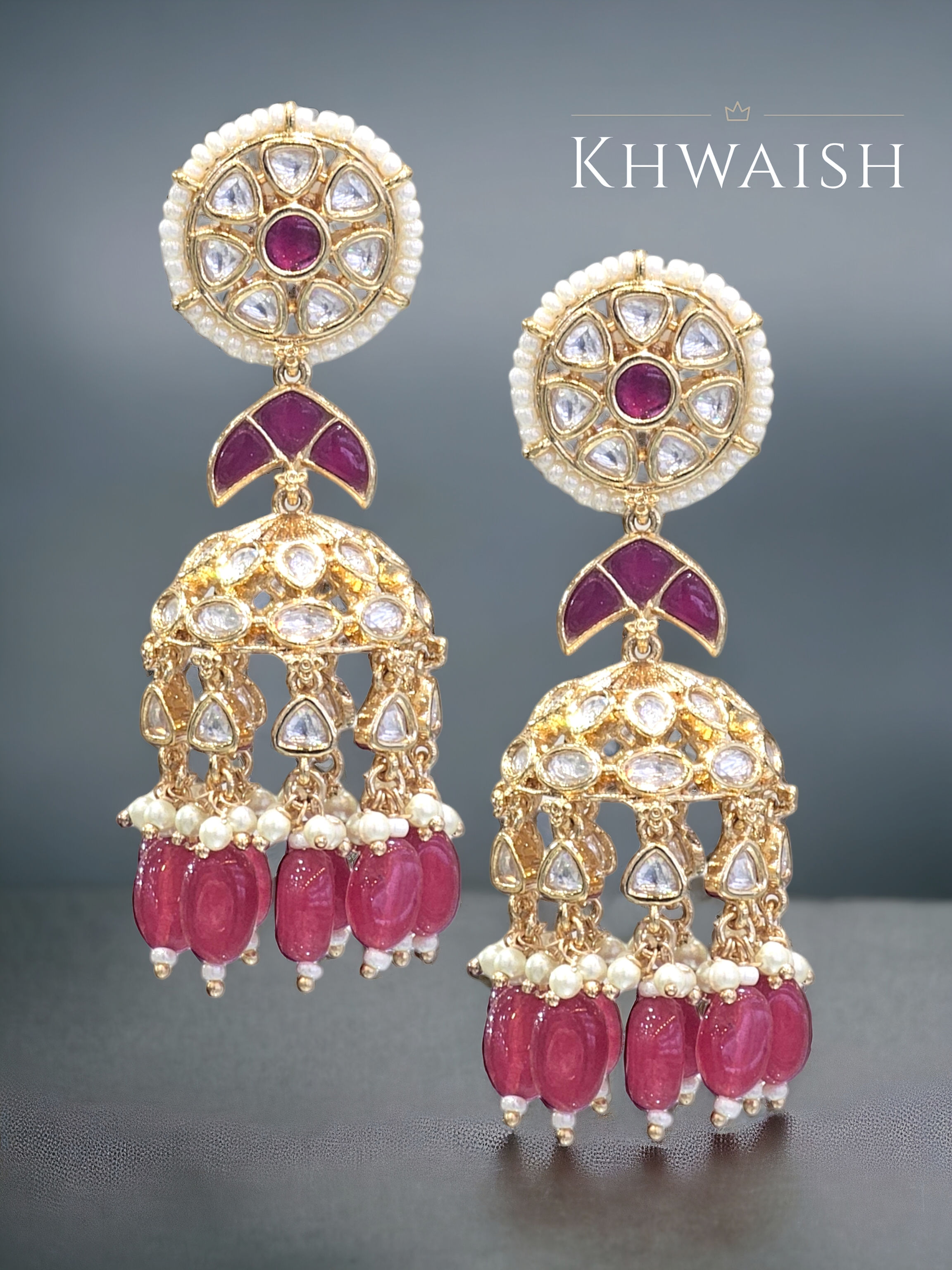 Ruby Kundan Polki Jhumka Earrings with Pearls