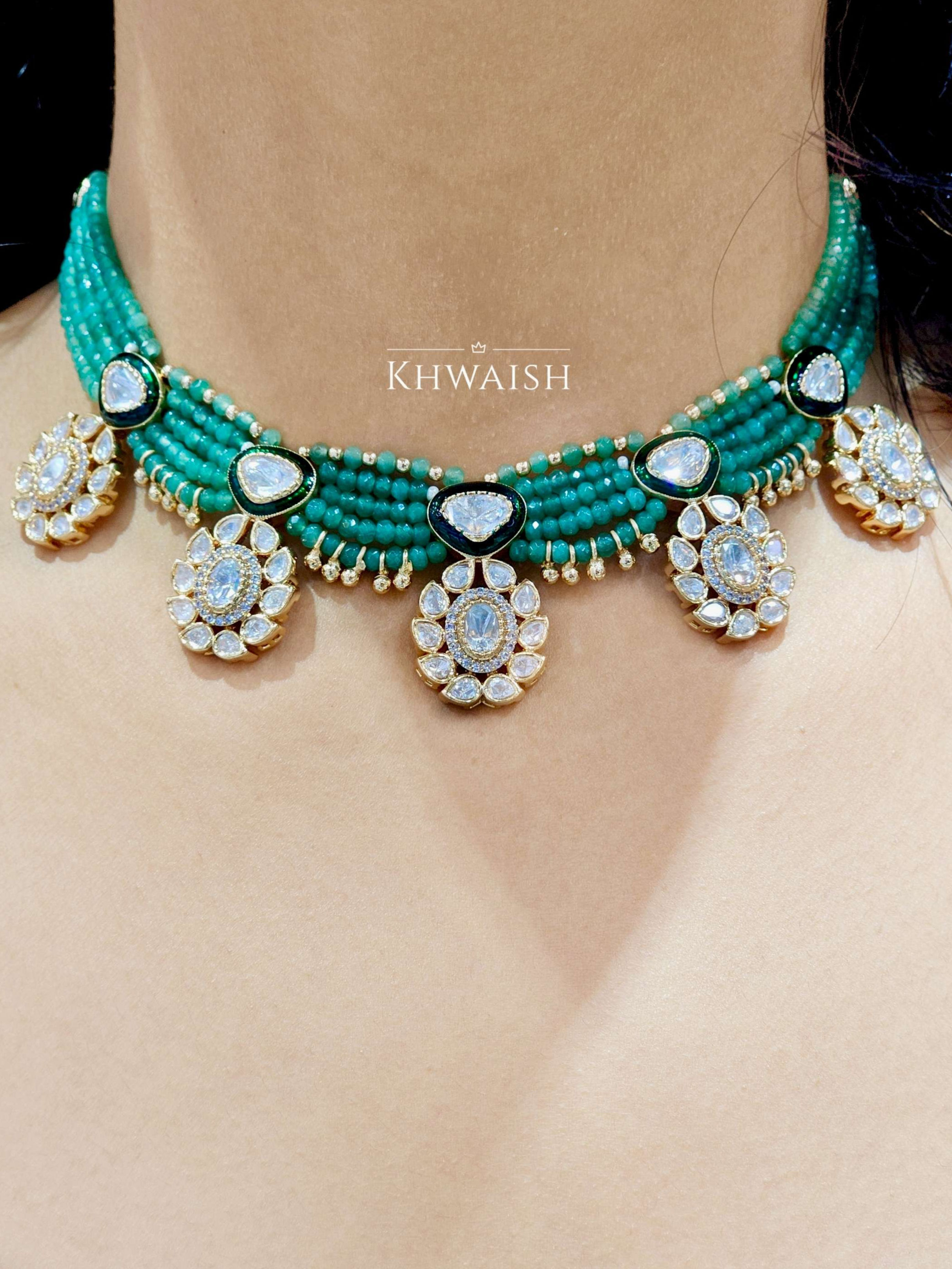 Polki Choker Necklace with Emerald Beads