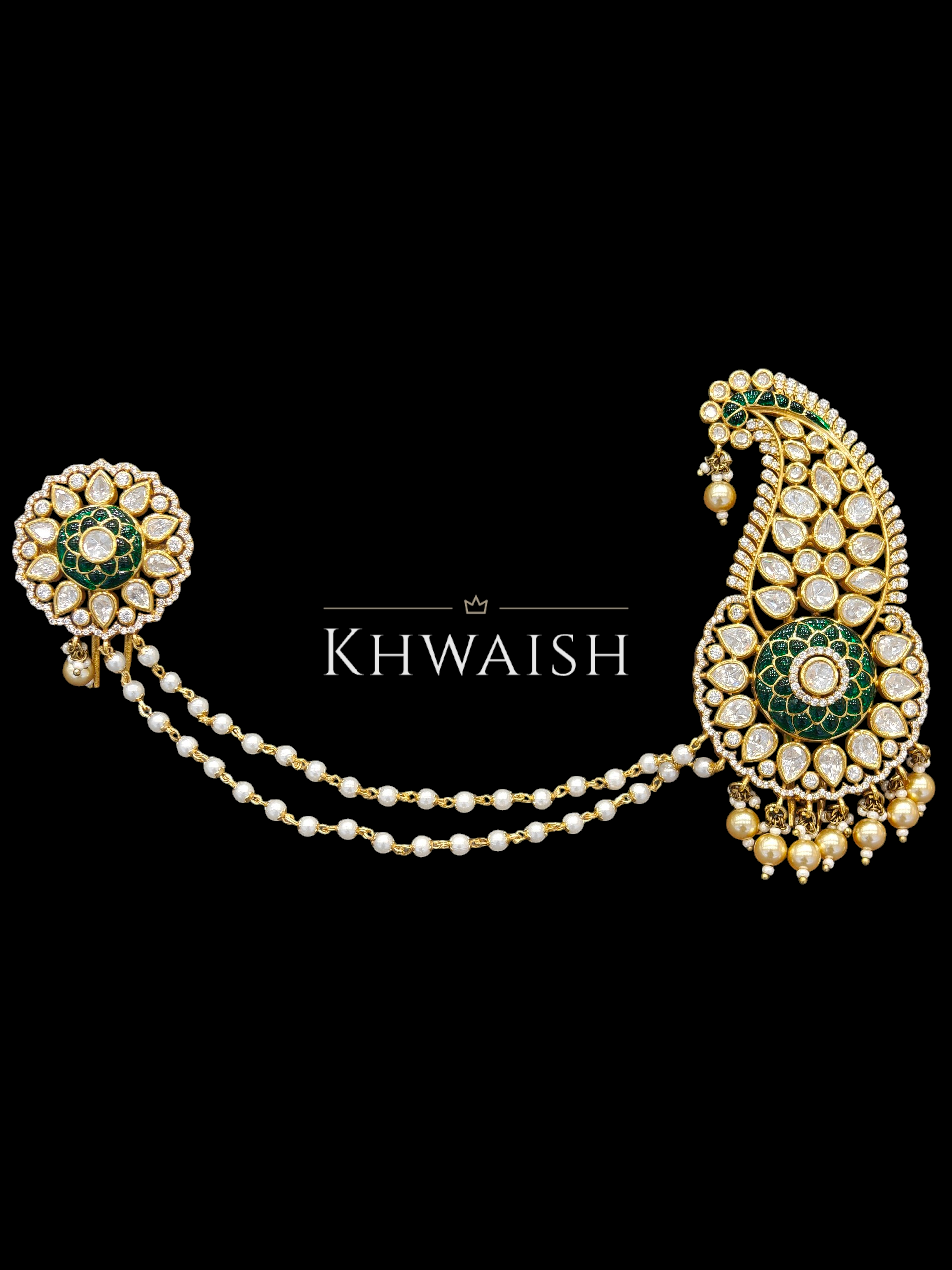 Emerald Polki Groom Kalgi with Pearl Chain