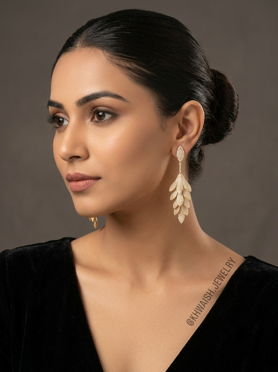 Gold-Plated Pavé Leaf Drop Earrings