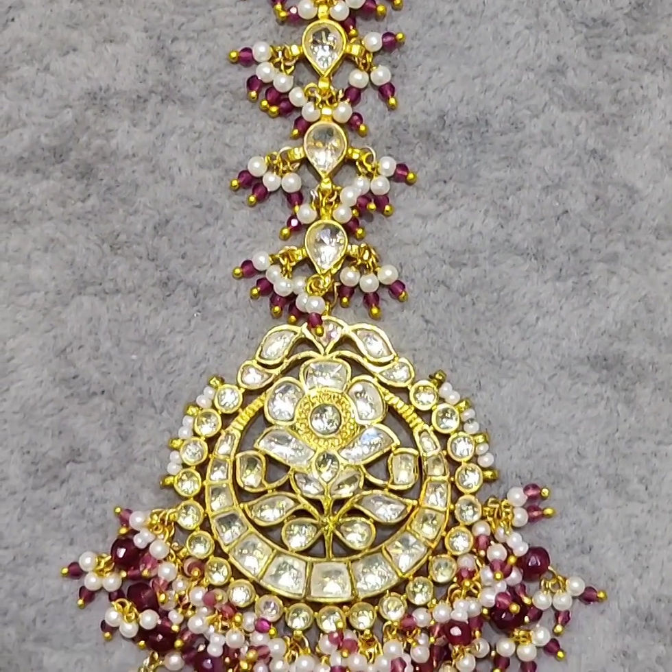 Fascinating Real Ruby Beads Kundan Jadau Polki Maang Tikka