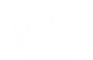 A green background with a white outline of a computer monitor. Inside the monitor, there is a magnifying glass focusing on part of an electrocardiogram (ECG) line, which represents heartbeats. The ECG line starts from the left side of the magnifying glass, goes through it with peaks and valleys, and ends with a circle on the right side.