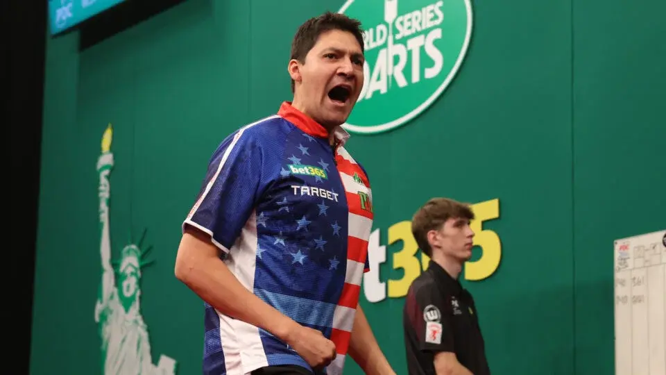 Danny Lauby celebrating on the MSG stage during his victory over Rob Cross (Photo by Matt Heasley)