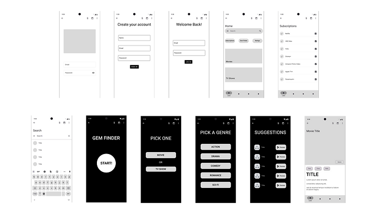 Low fidelity wireframes for an Android app, displaying basic layout and structure