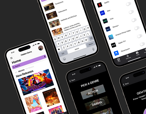 Mockup displaying multiple iPhone screens, showcasing the app’s user interface and layout across different pages.