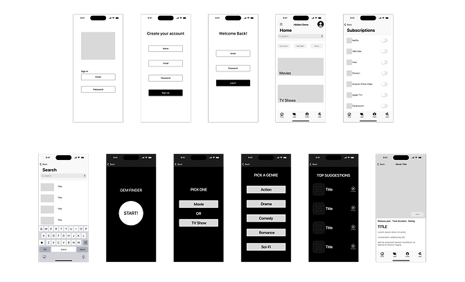 Low fidelity wireframes for an Apple app, displaying basic layout and structure