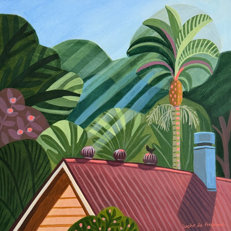 Tropical painting of a red-roofed house amid lush green palms, sun rays, a blue chimney, and a small bird on the roof.