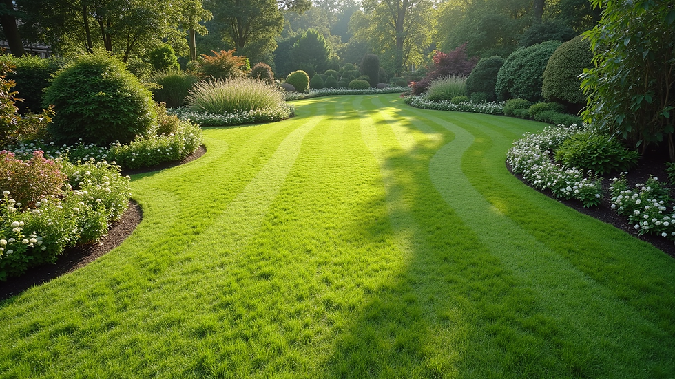 Wide angle view of a well-maintained garden with trimmed grass and flower beds