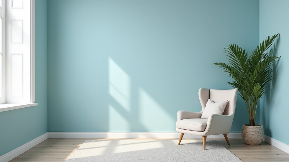 Eye-level view of a small living room painted in soft pastel blue with white trim